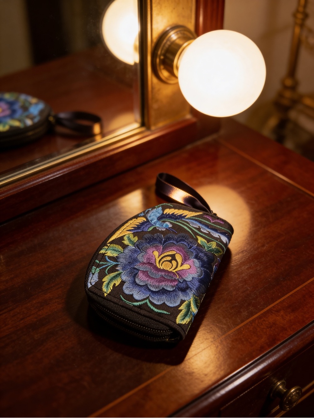 Embroidered Floral Wristlet Pouch - Black with Blue & Yellow Flower